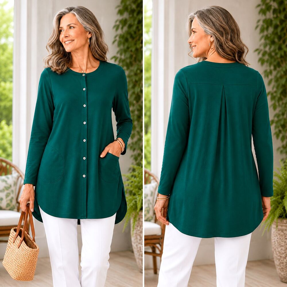 J Jill Wearever Button Front Tunic S Long Line Emerald Green Pockets Cardigan